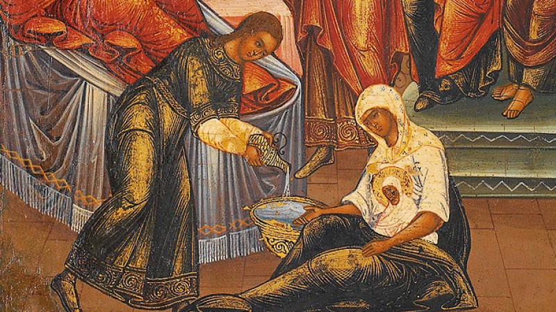 Повитуха с младенцем на иконе «Рождество Богородицы». Россия, XIX