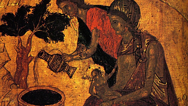 Саломея и Гелома (деталь иконы «Рождество Христово», Андрей Рублев)