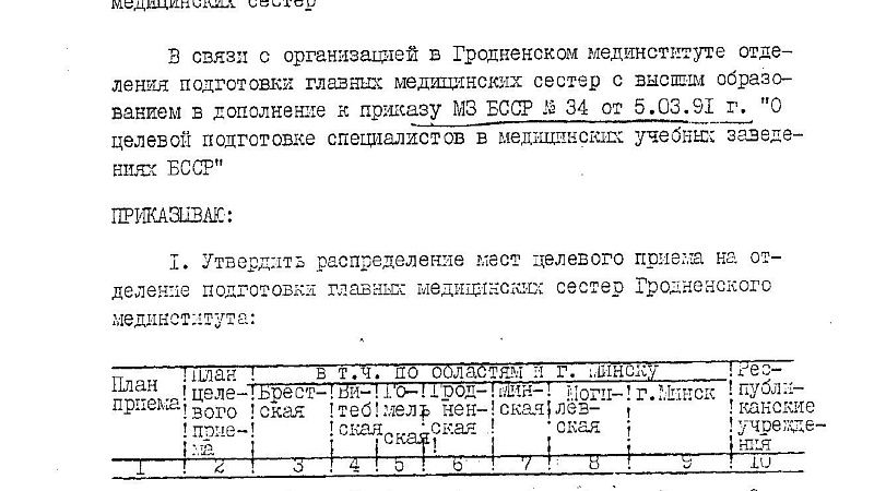 1991 год. Приказ о подготовке главных медицинских сестер
